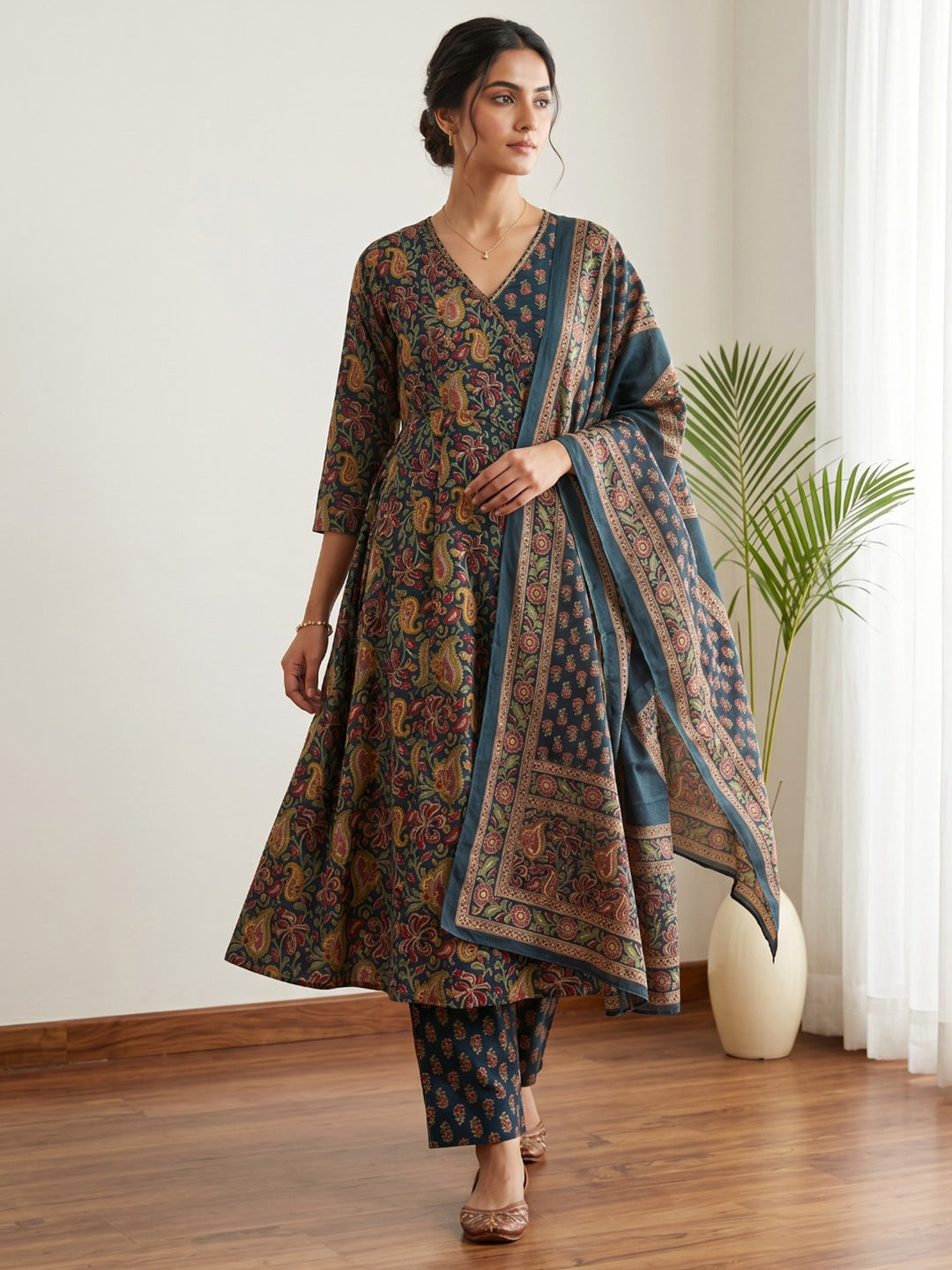 Blue Printed Cotton Blend Kurta With Pant & Dupatta