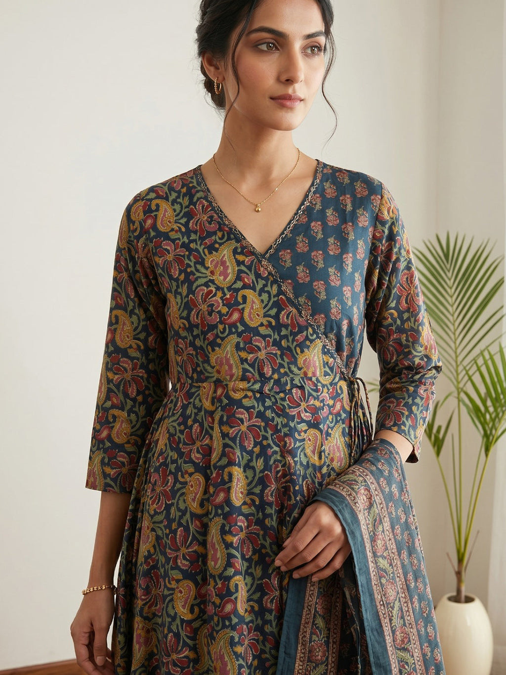 Blue Printed Cotton Blend Kurta With Pant & Dupatta