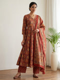 Red Printed Cotton Blend Kurta With Pant & Dupatta