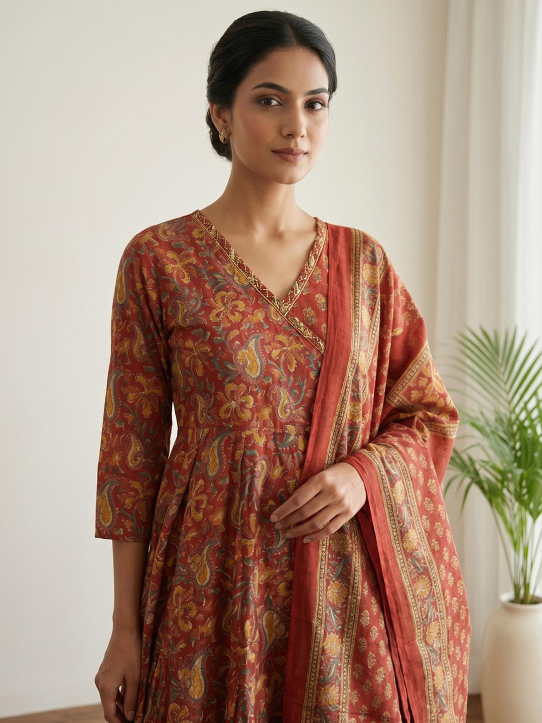 Red Printed Cotton Blend Kurta With Pant & Dupatta