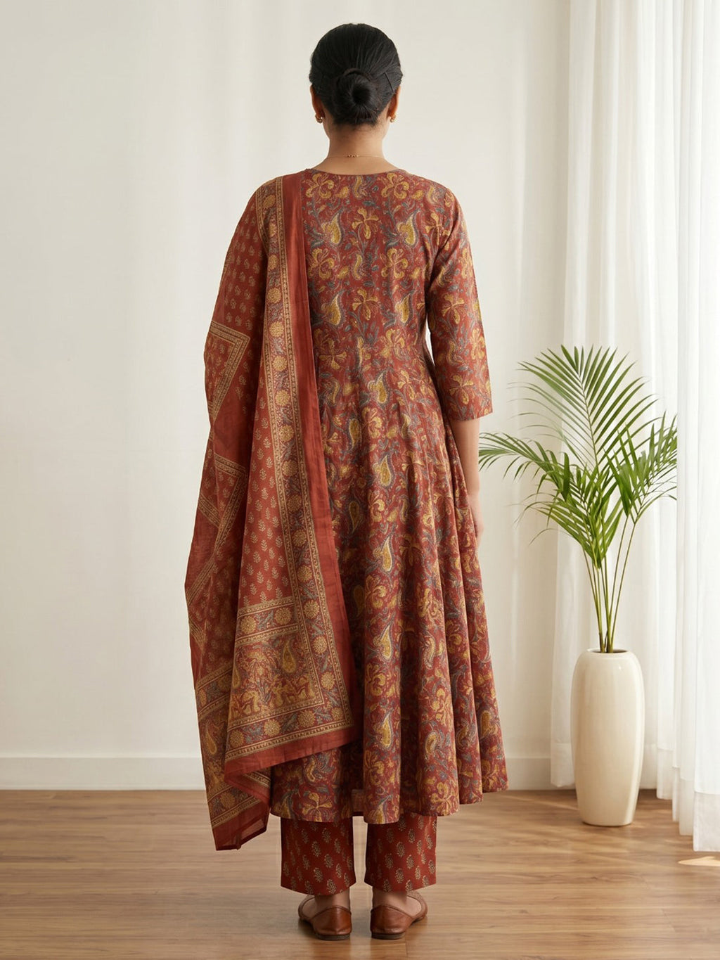 Red Printed Cotton Blend Kurta With Pant & Dupatta