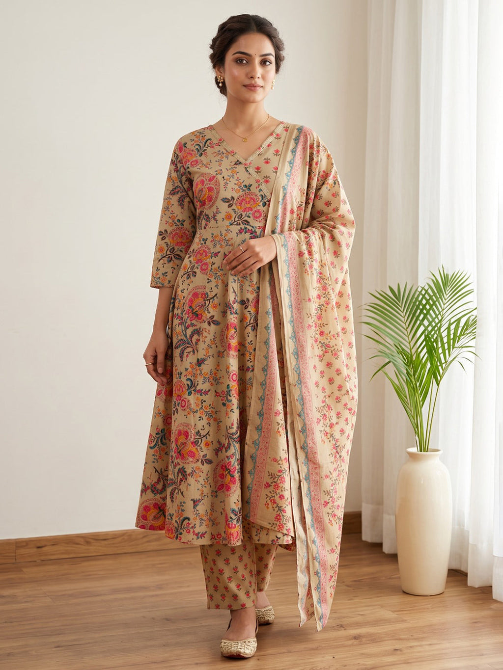 Beige Printed Cotton Blend Kurta With Pant & Dupatta