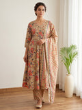 Beige Printed Cotton Blend Kurta With Pant & Dupatta