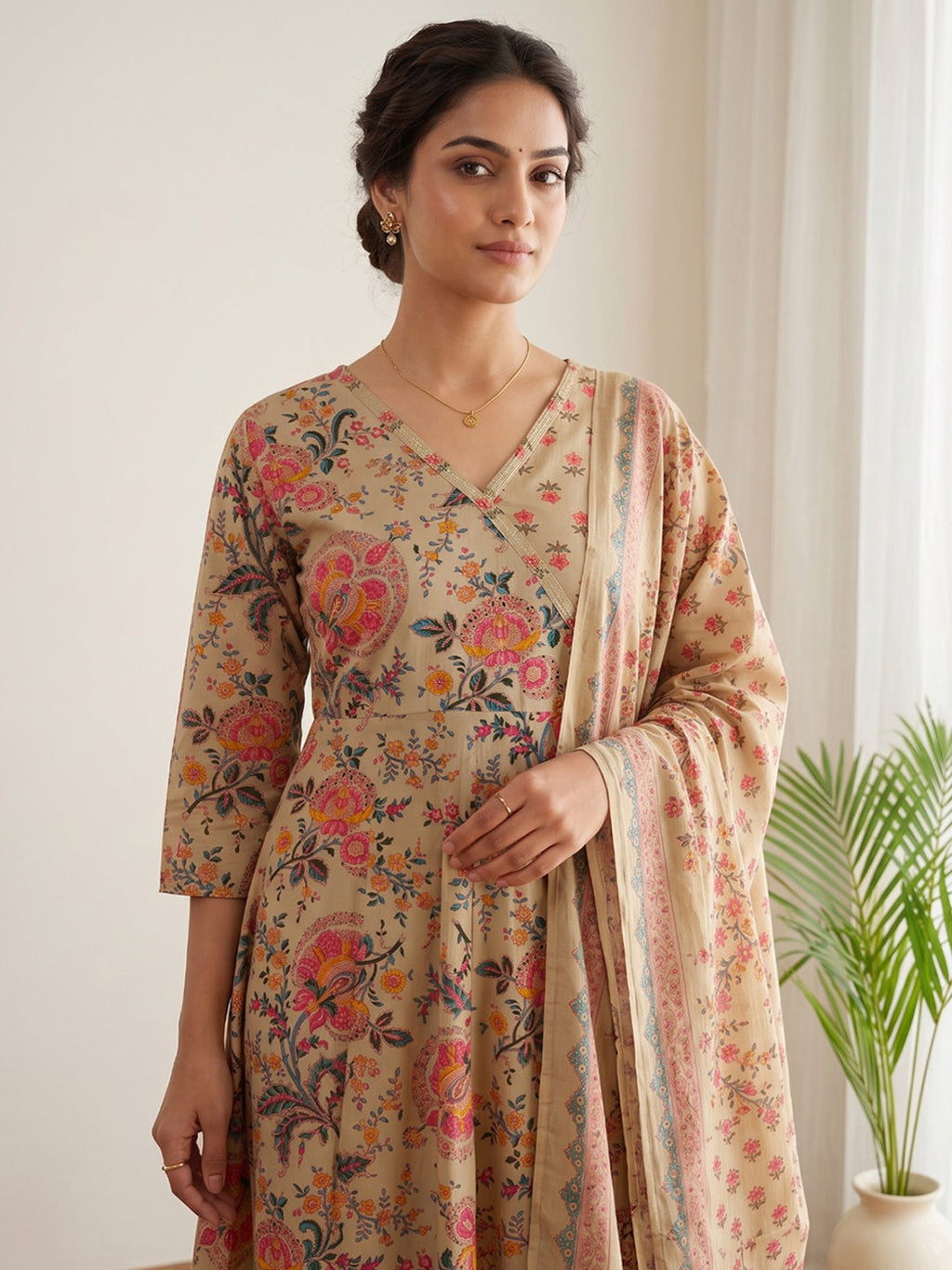 Beige Printed Cotton Blend Kurta With Pant & Dupatta
