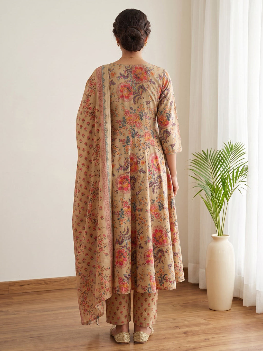 Beige Printed Cotton Blend Kurta With Pant & Dupatta
