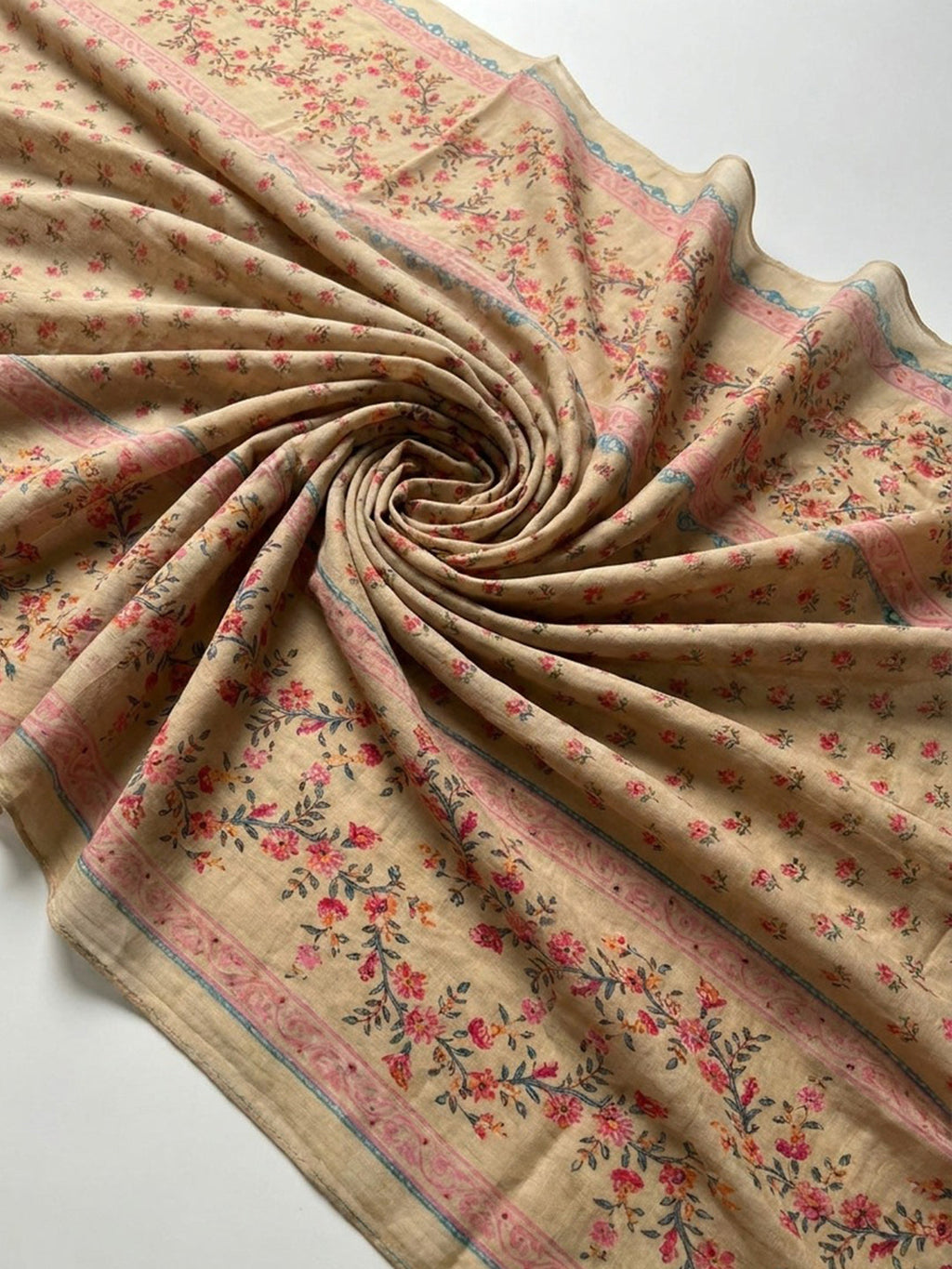 Beige Printed Cotton Blend Kurta With Pant & Dupatta