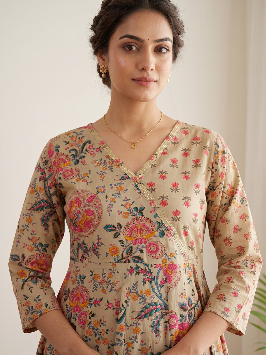Beige Printed Cotton Blend Kurta With Pant & Dupatta