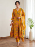Mustard Printed Cotton Blend Kurta With Pant & Dupatta