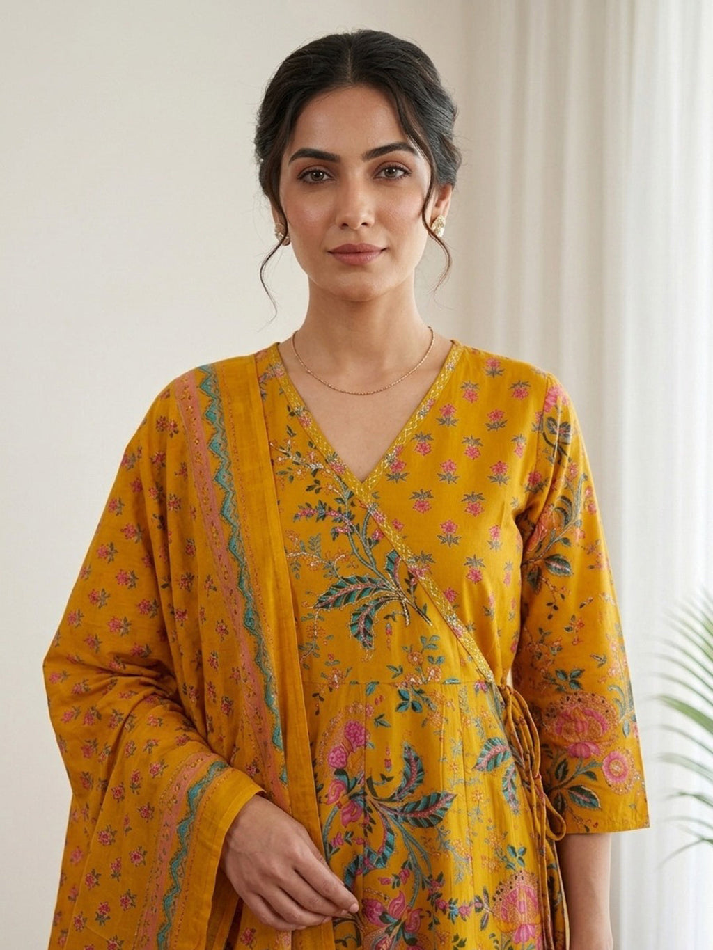 Mustard Printed Cotton Blend Kurta With Pant & Dupatta