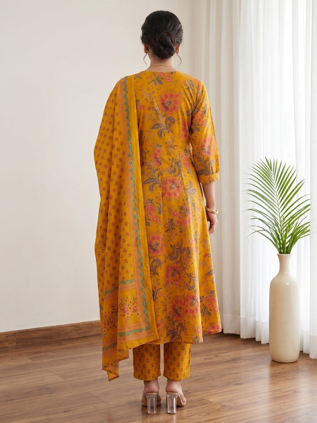 Mustard Printed Cotton Blend Kurta With Pant & Dupatta