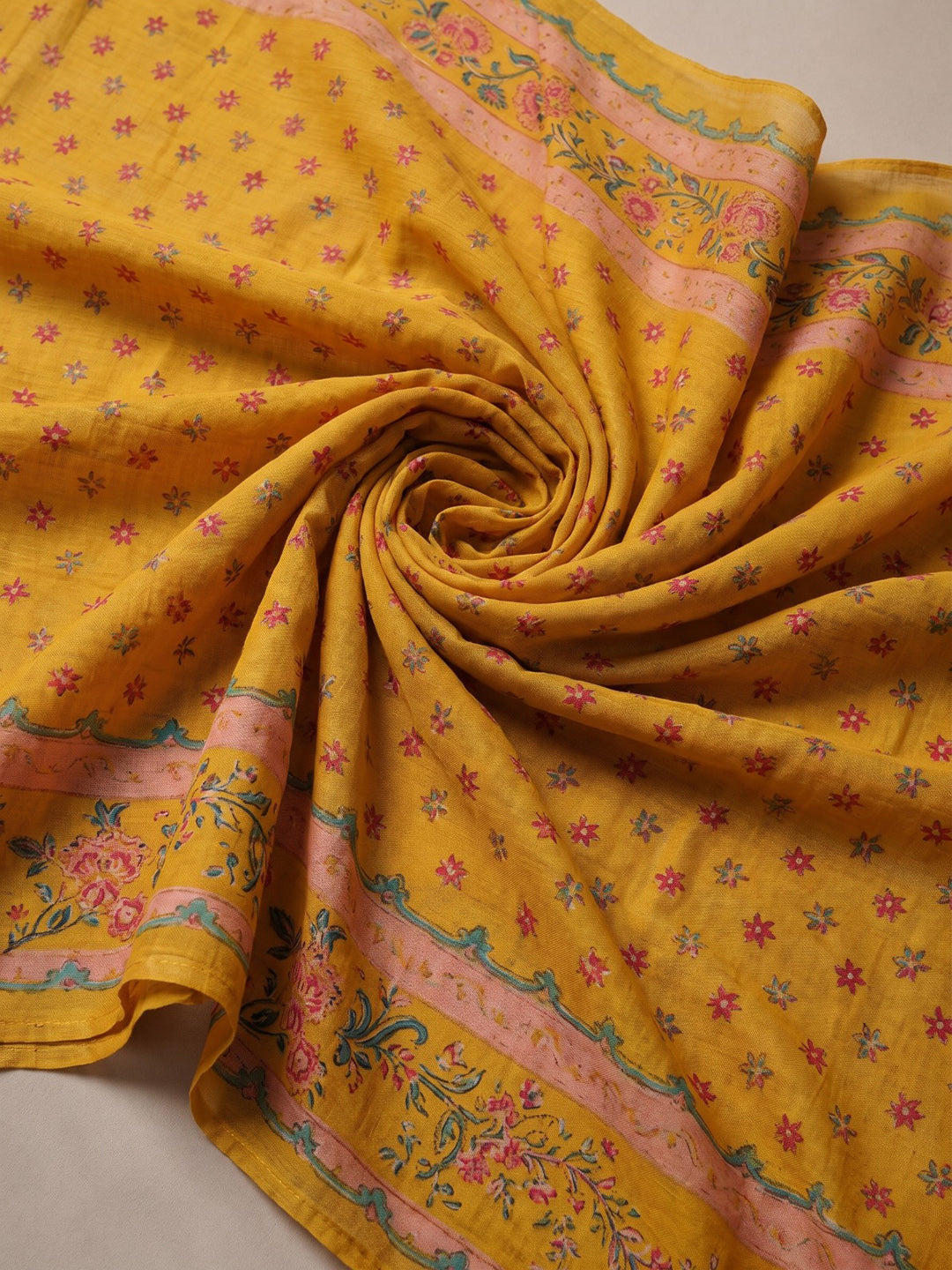 Mustard Printed Cotton Blend Kurta With Pant & Dupatta