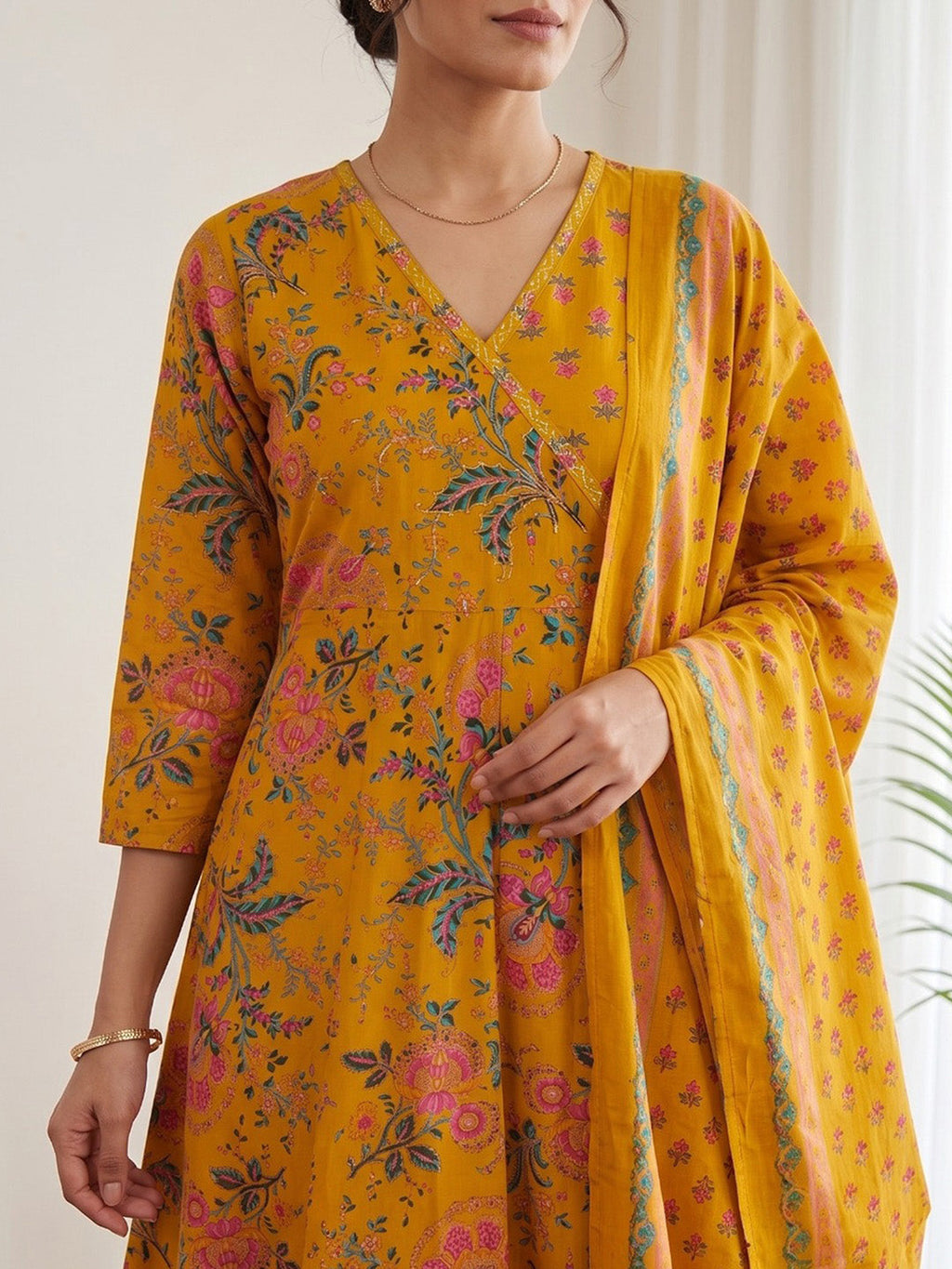 Mustard Printed Cotton Blend Kurta With Pant & Dupatta