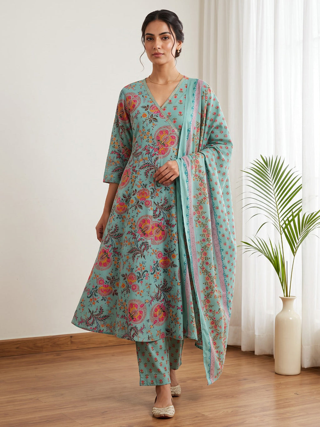 Sky Blue Printed Cotton Blend Kurta With Pant & Dupatta