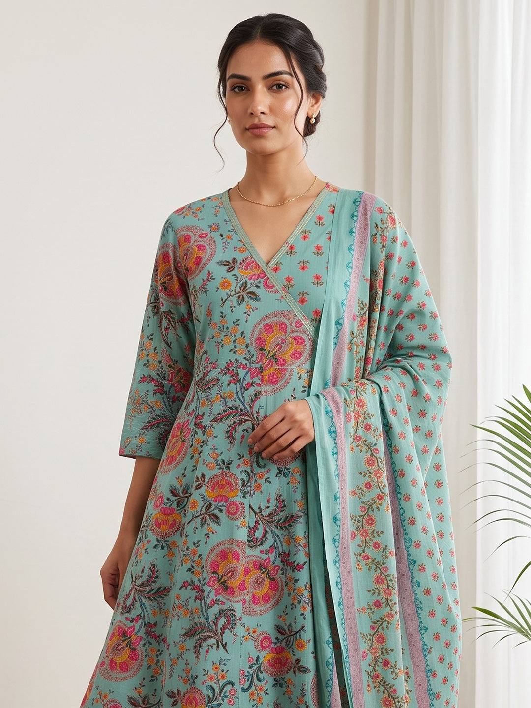 Sky Blue Printed Cotton Blend Kurta With Pant & Dupatta