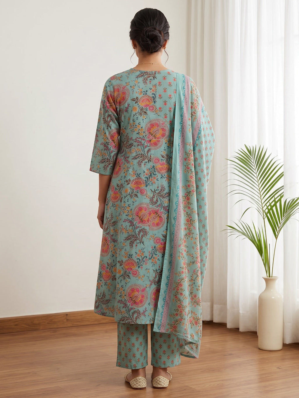 Sky Blue Printed Cotton Blend Kurta With Pant & Dupatta