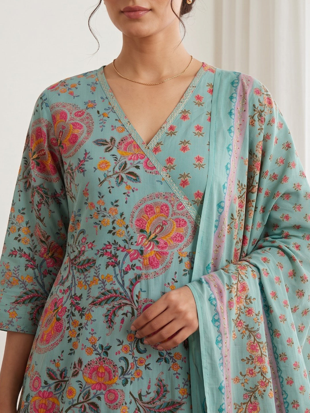Sky Blue Printed Cotton Blend Kurta With Pant & Dupatta