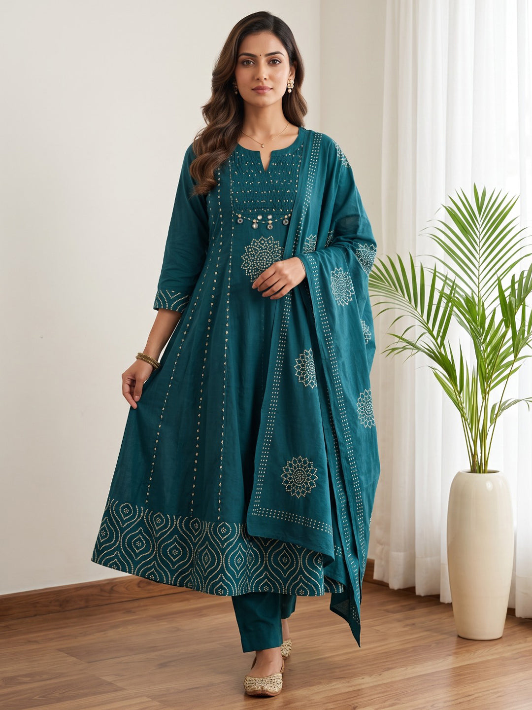 Blue Printed Cotton Blend Kurta With Pant & Dupatta