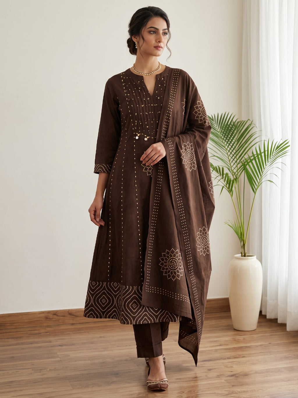 Brown Printed Cotton Blend Kurta With Pant & Dupatta