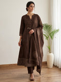 Brown Printed Cotton Blend Kurta With Pant & Dupatta