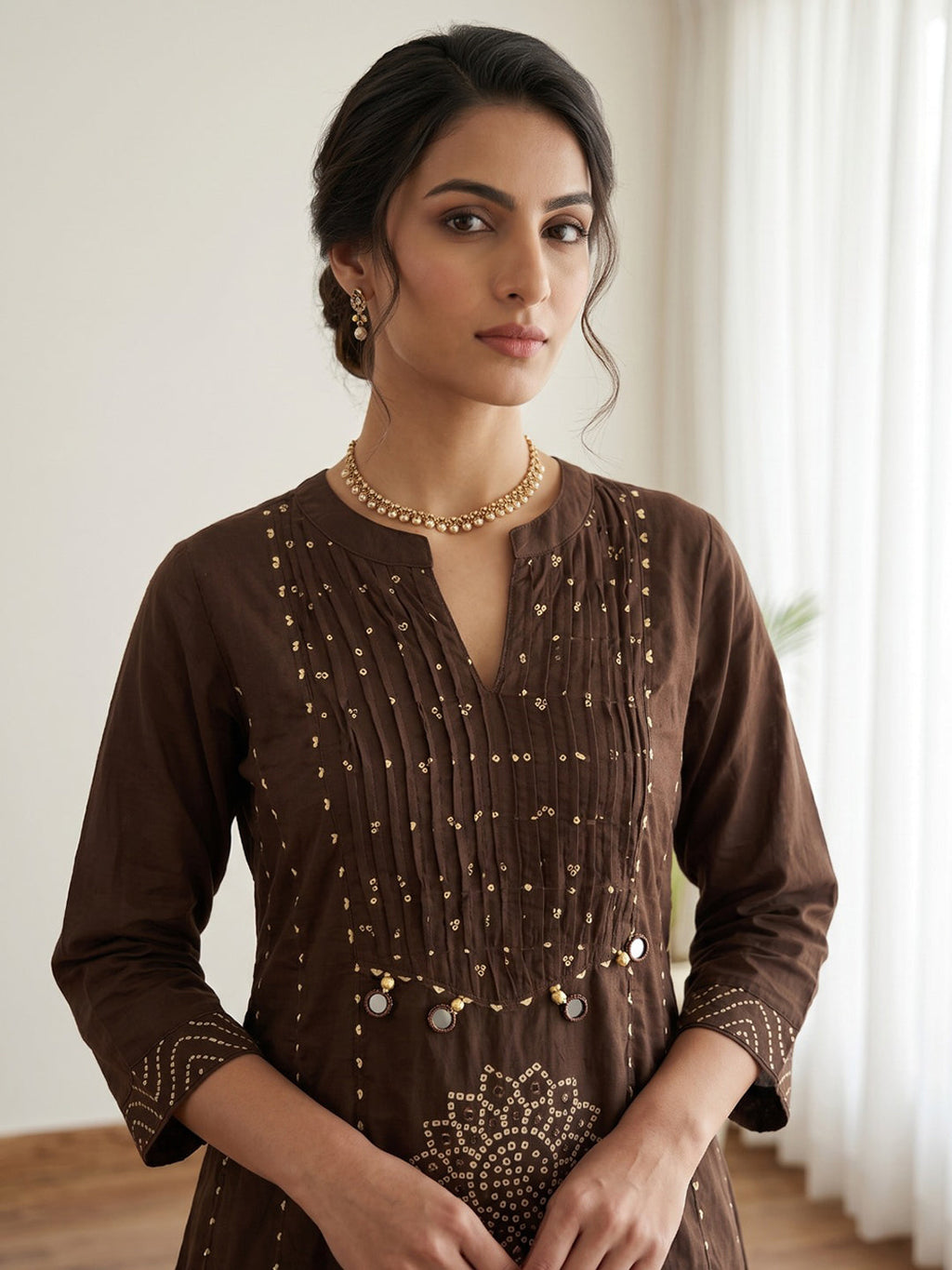 Brown Printed Cotton Blend Kurta With Pant & Dupatta