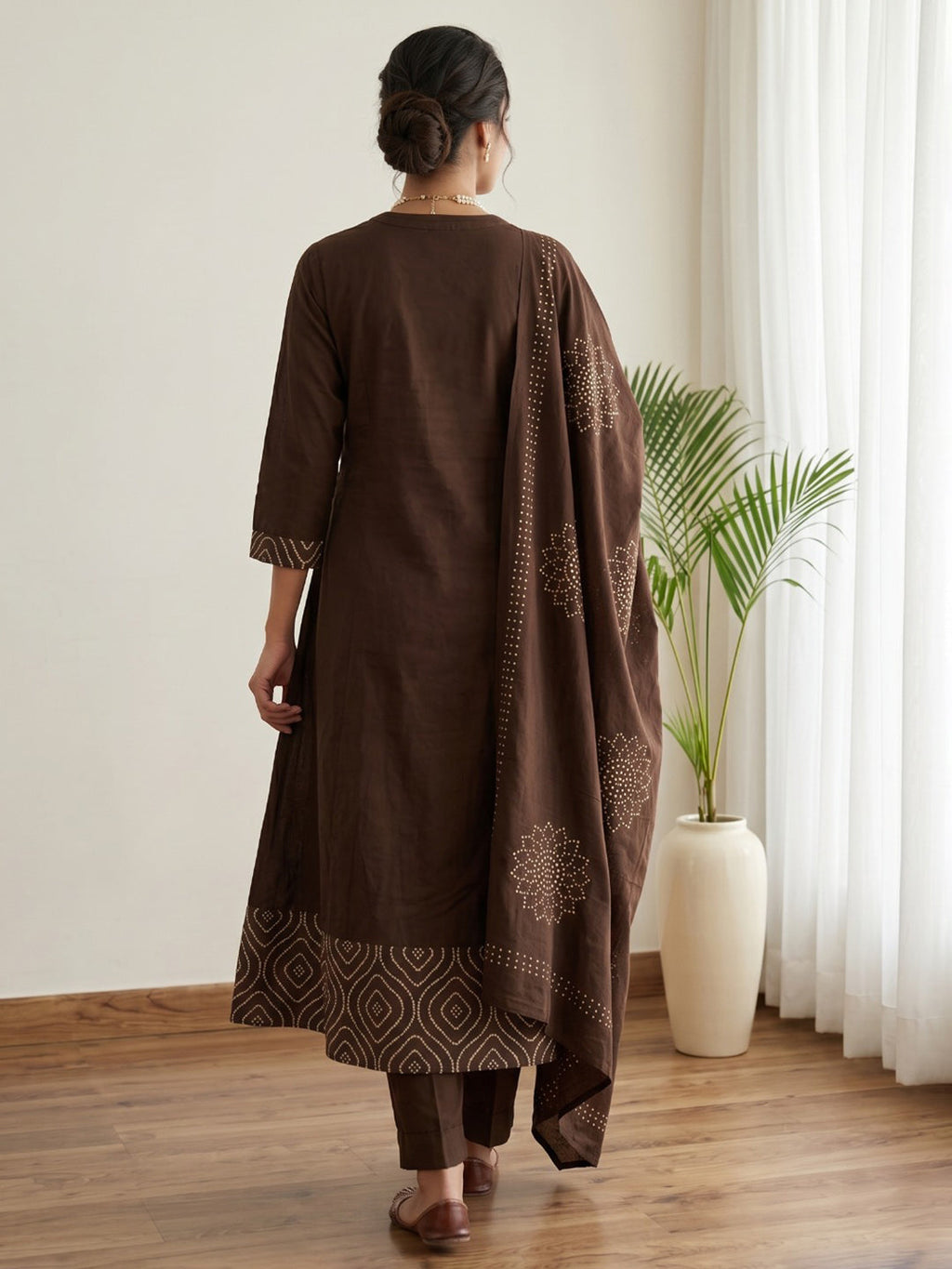 Brown Printed Cotton Blend Kurta With Pant & Dupatta
