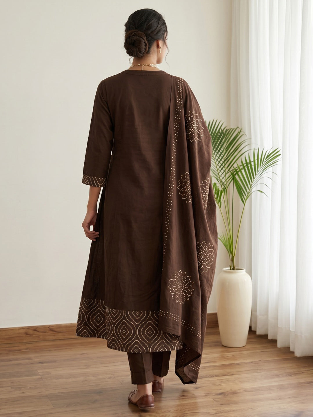 Brown Printed Cotton Blend Kurta With Pant & Dupatta