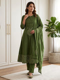 Green Printed Cotton Blend Kurta With Pant & Dupatta