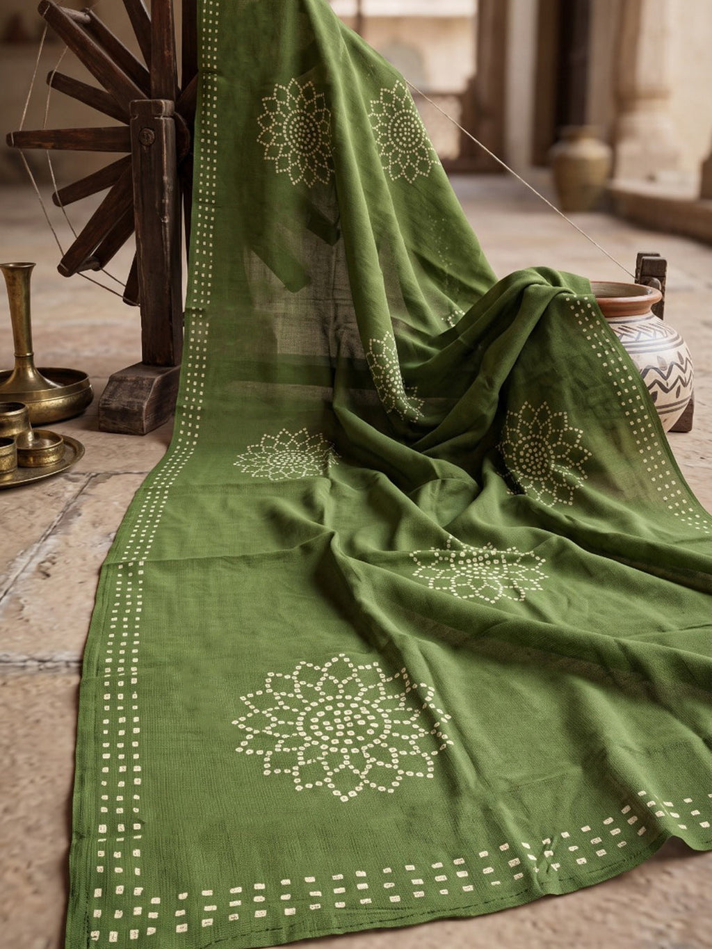 Green Printed Cotton Blend Kurta With Pant & Dupatta