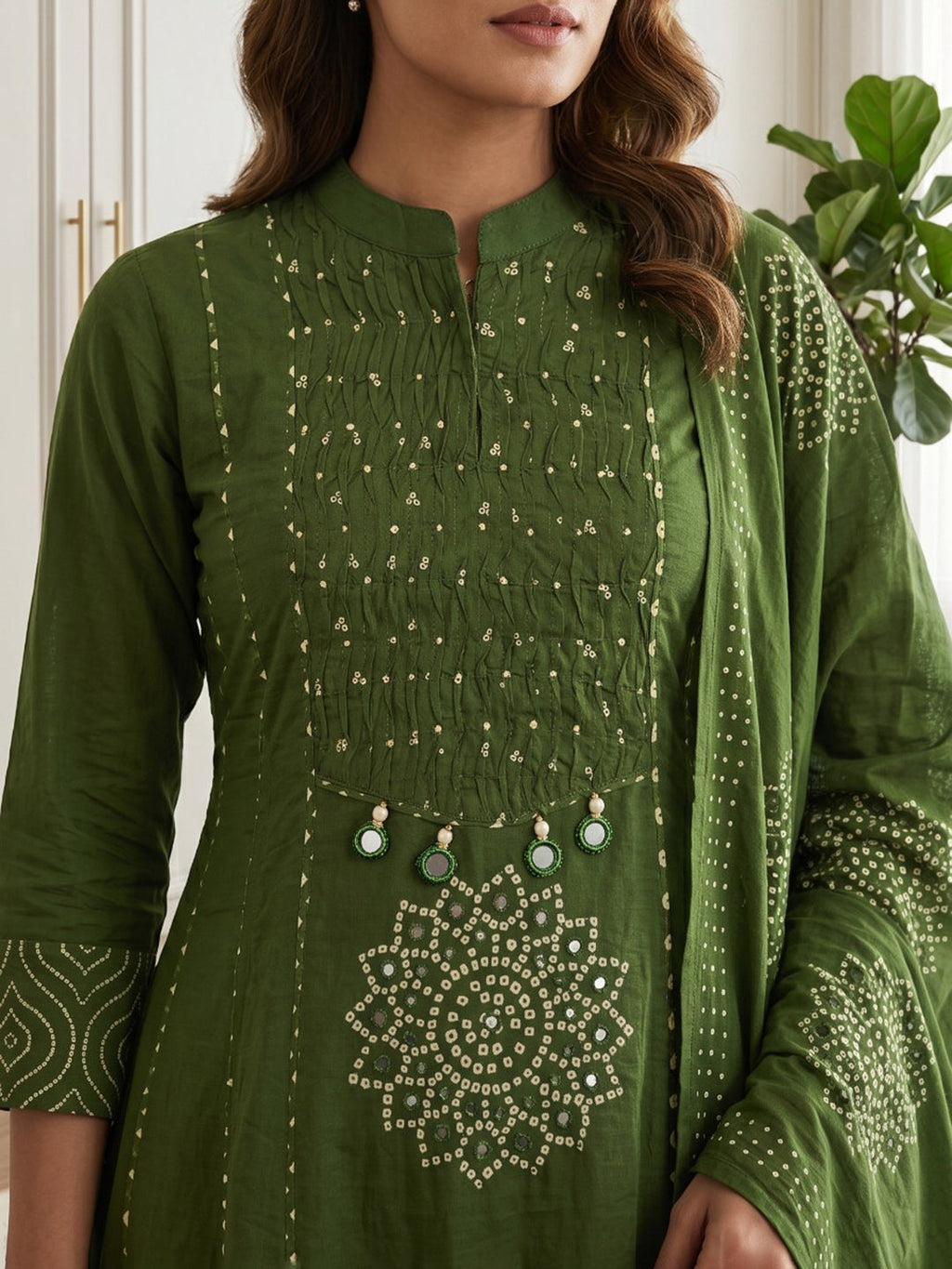 Green Printed Cotton Blend Kurta With Pant & Dupatta