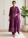 Maroon Printed Cotton Blend Kurta With Pant & Dupatta