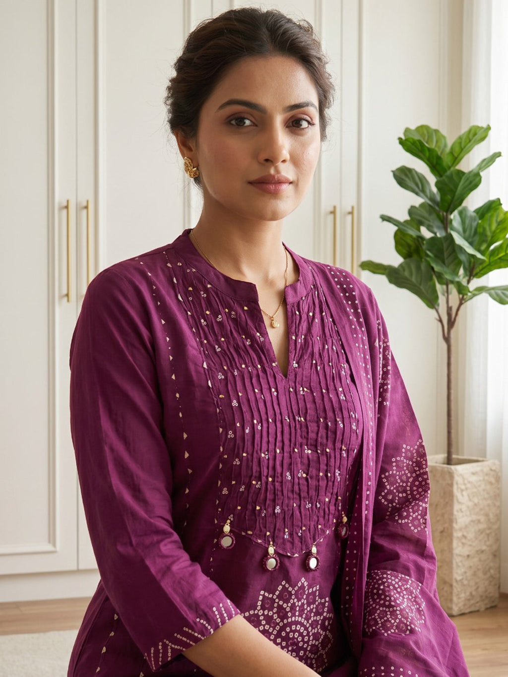 Maroon Printed Cotton Blend Kurta With Pant & Dupatta