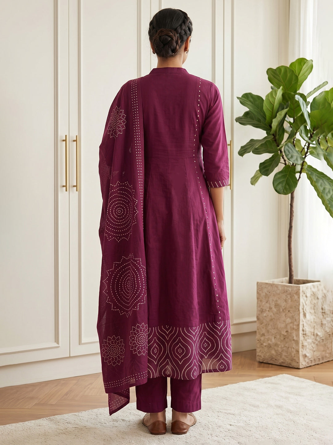 Maroon Printed Cotton Blend Kurta With Pant & Dupatta
