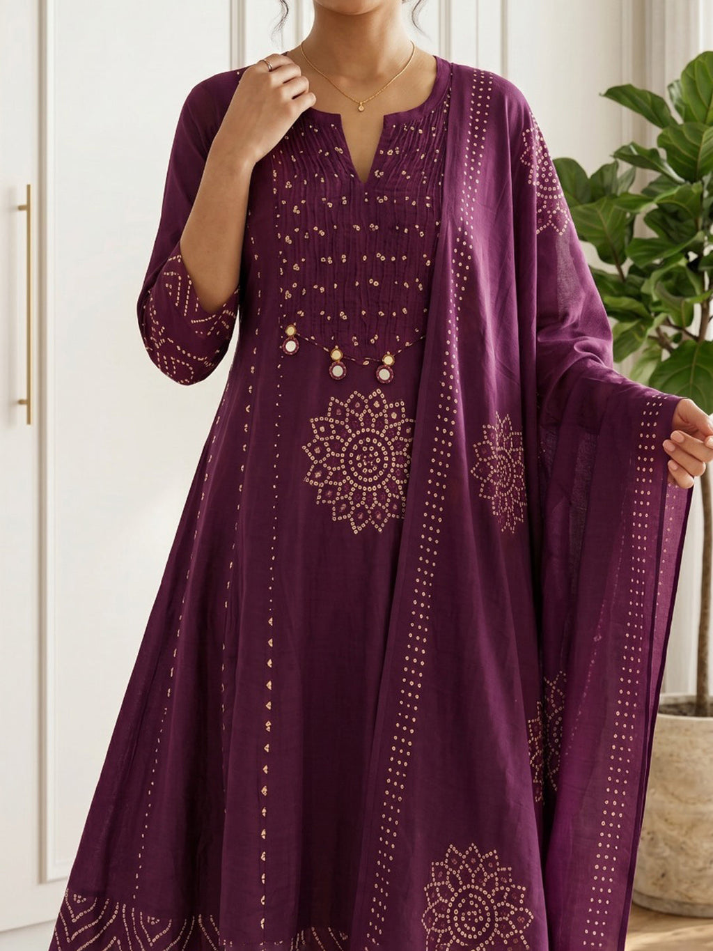 Maroon Printed Cotton Blend Kurta With Pant & Dupatta