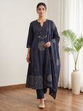 Navy Blue Printed Cotton Blend Kurta With Pant & Dupatta