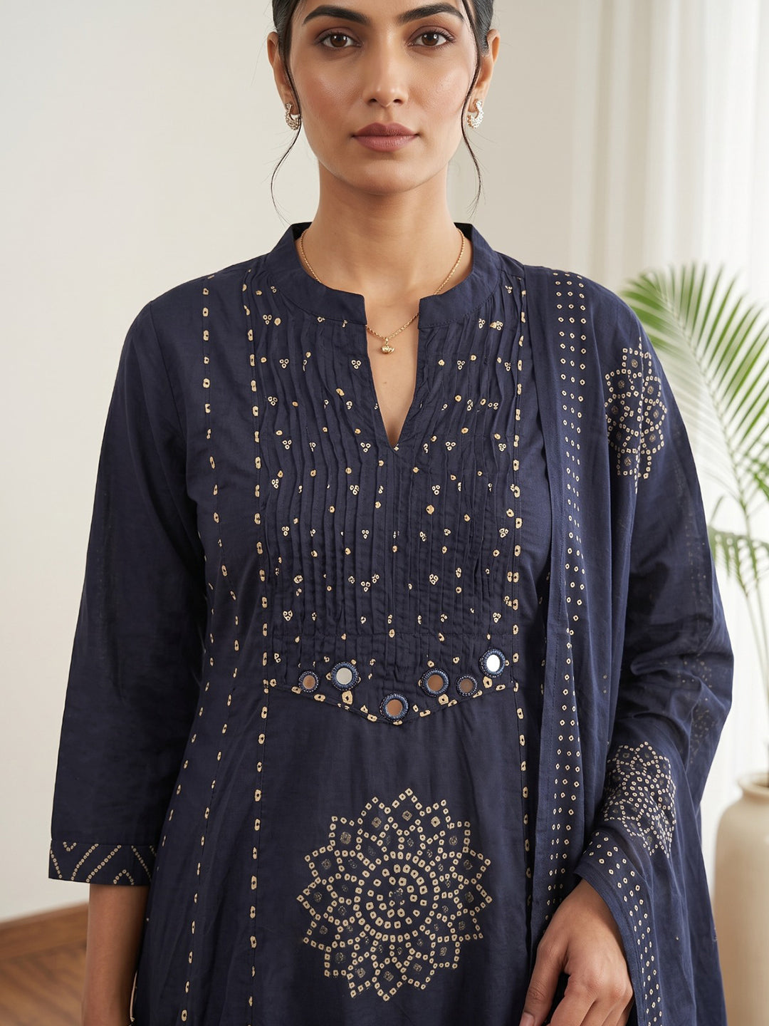 Navy Blue Printed Cotton Blend Kurta With Pant & Dupatta