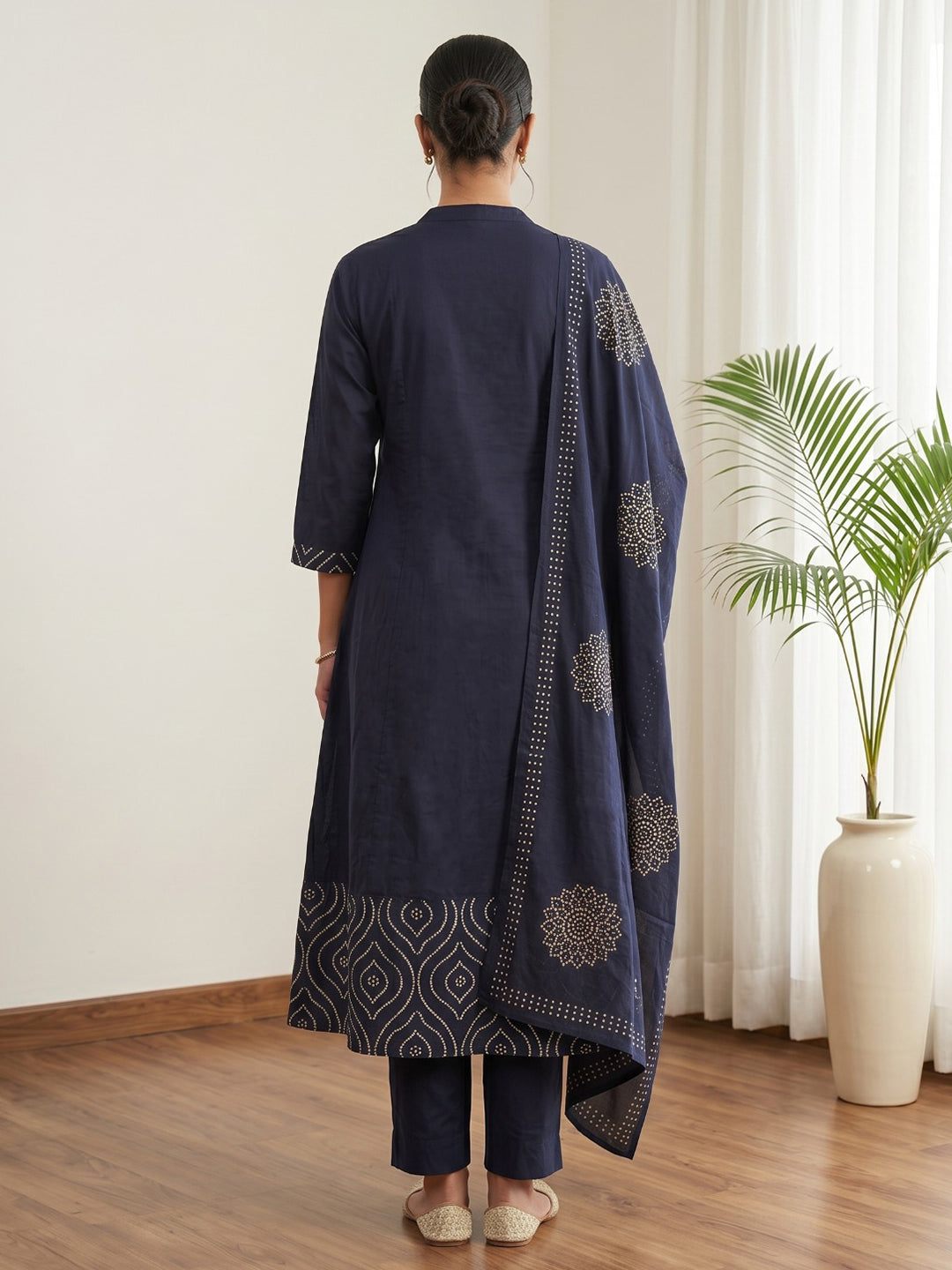 Navy Blue Printed Cotton Blend Kurta With Pant & Dupatta