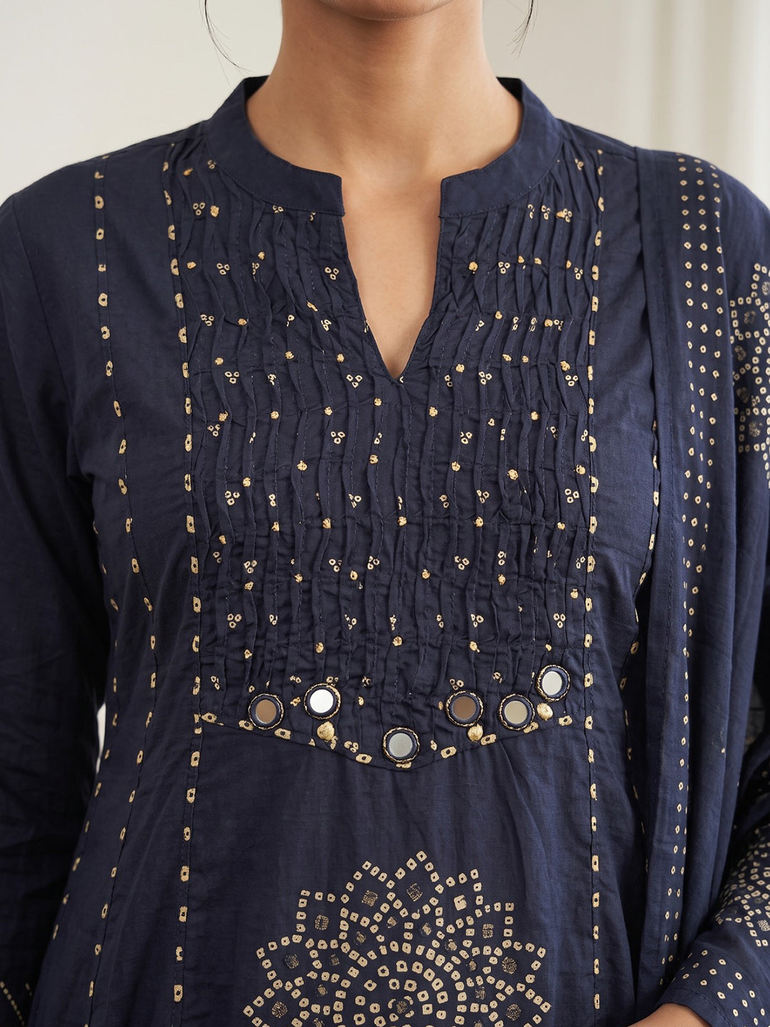 Navy Blue Printed Cotton Blend Kurta With Pant & Dupatta