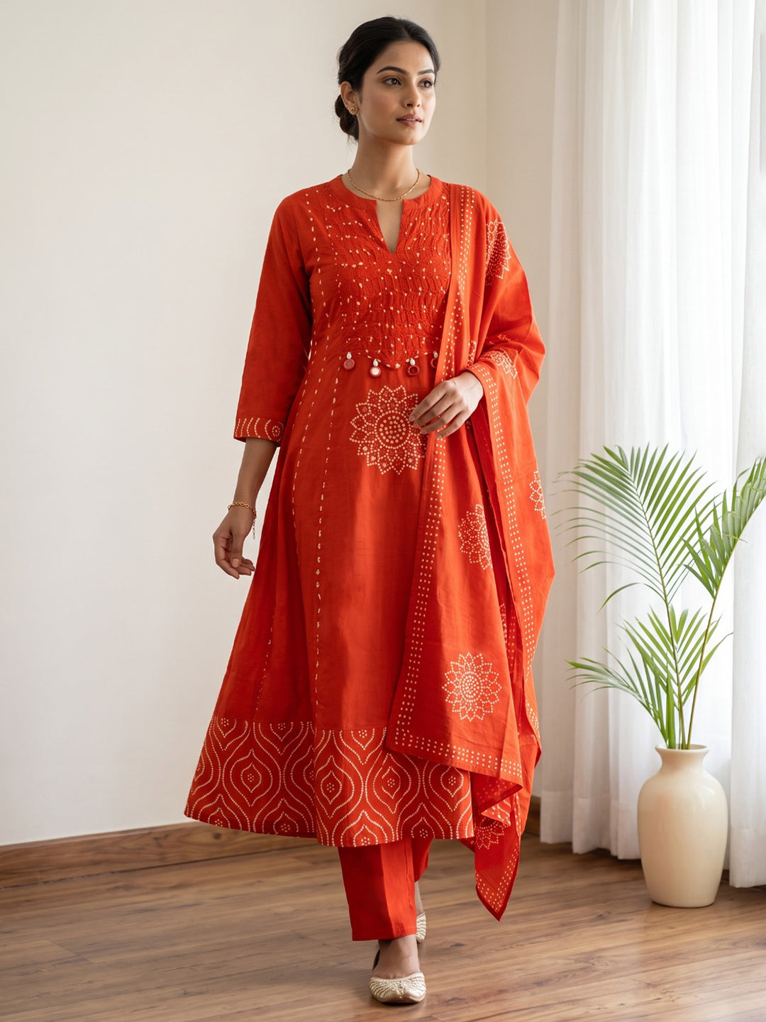 Orange Printed Cotton Blend Kurta With Pant & Dupatta