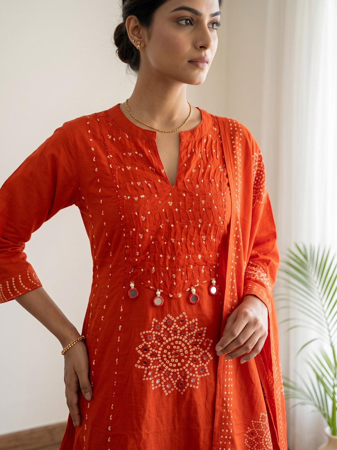 Orange Printed Cotton Blend Kurta With Pant & Dupatta