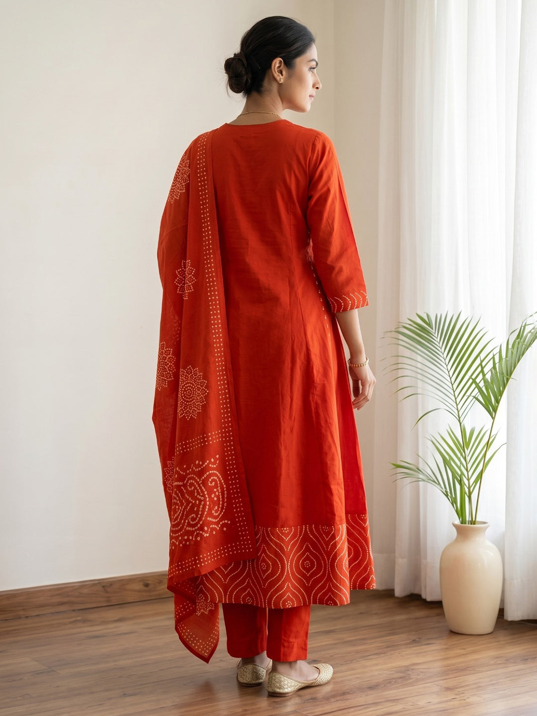 Orange Printed Cotton Blend Kurta With Pant & Dupatta