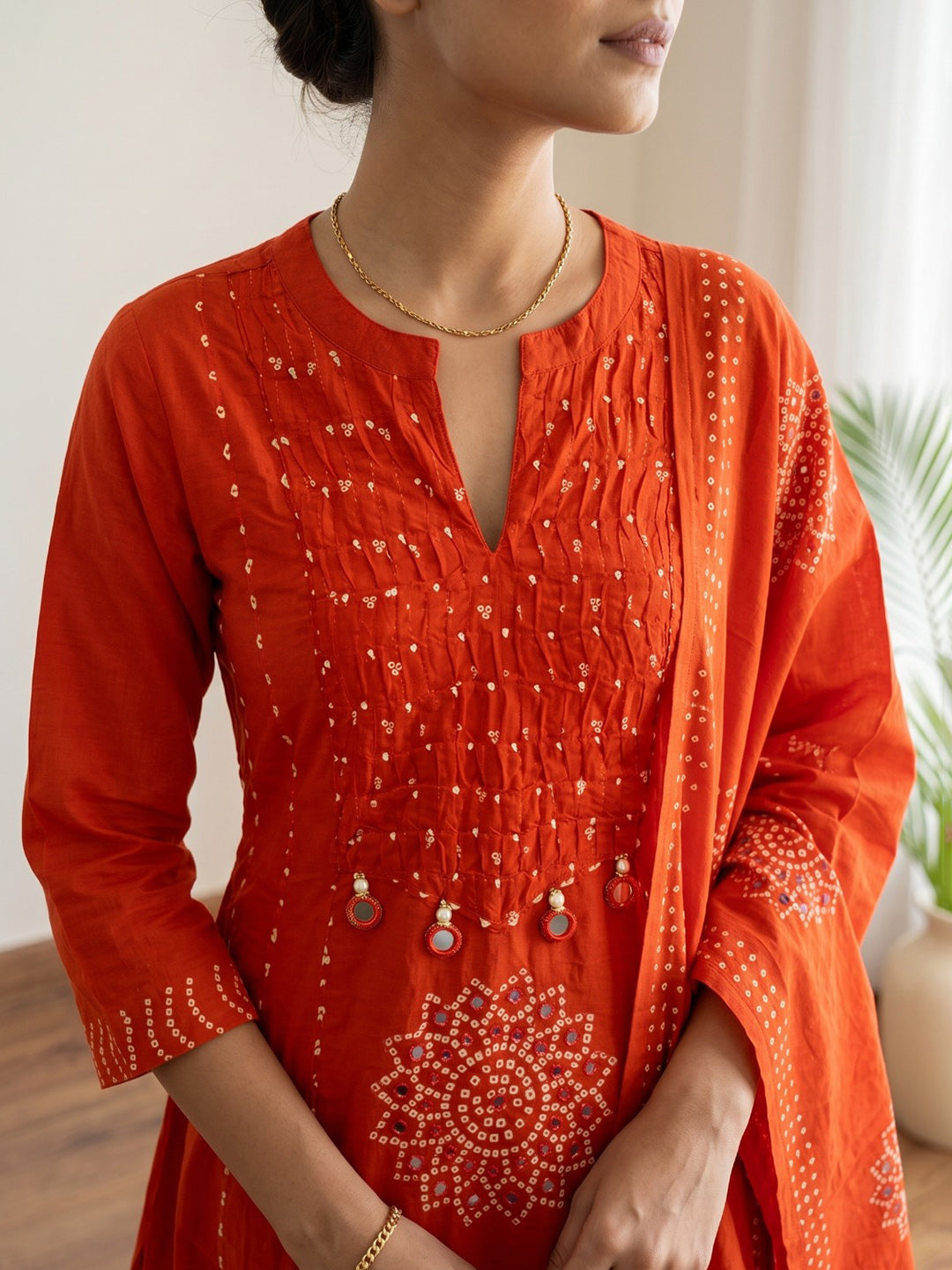 Orange Printed Cotton Blend Kurta With Pant & Dupatta