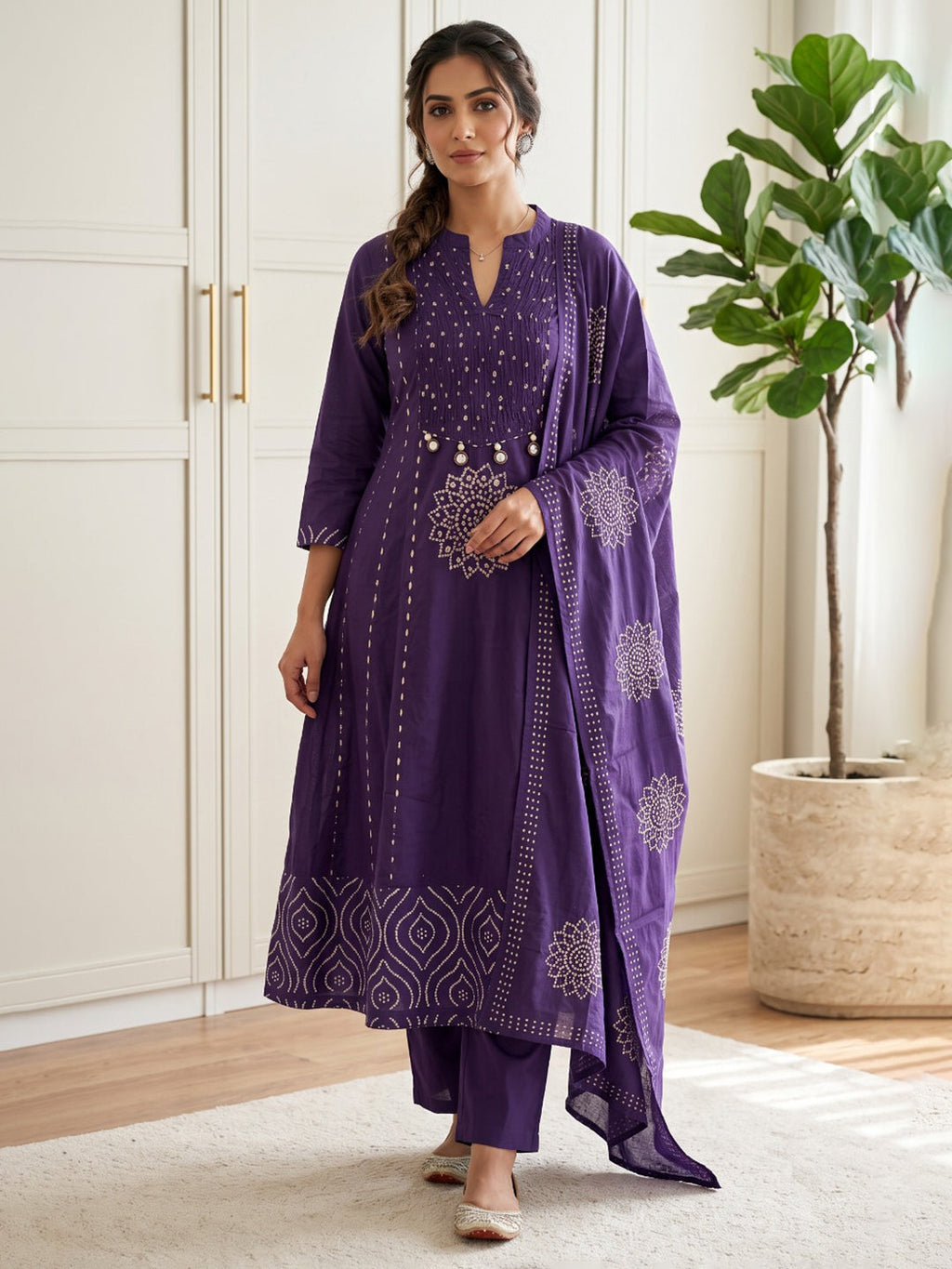 Purple Printed Cotton Blend Kurta With Pant & Dupatta