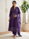 Purple Printed Cotton Blend Kurta With Pant & Dupatta