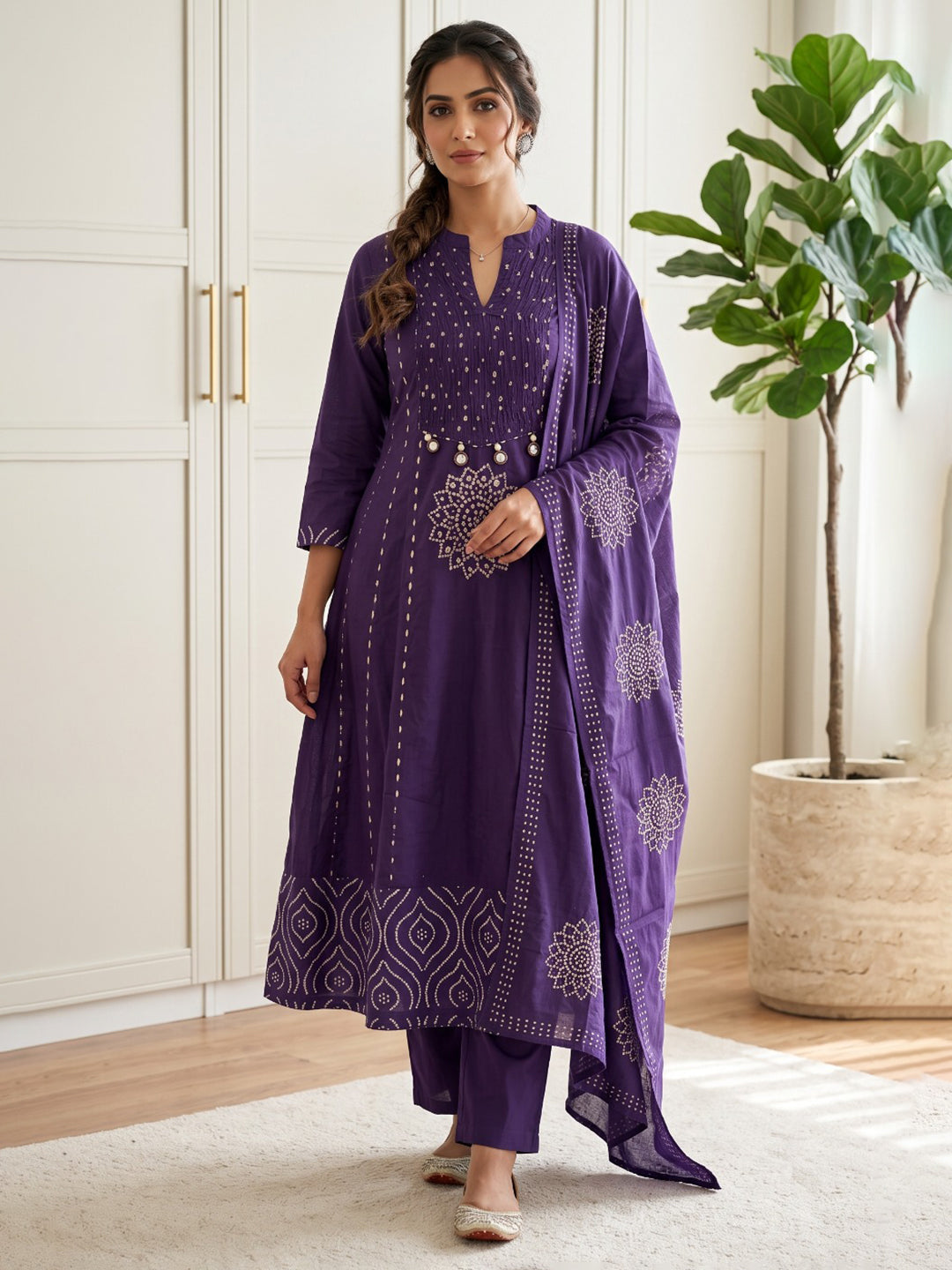 Purple Printed Cotton Blend Kurta With Pant & Dupatta