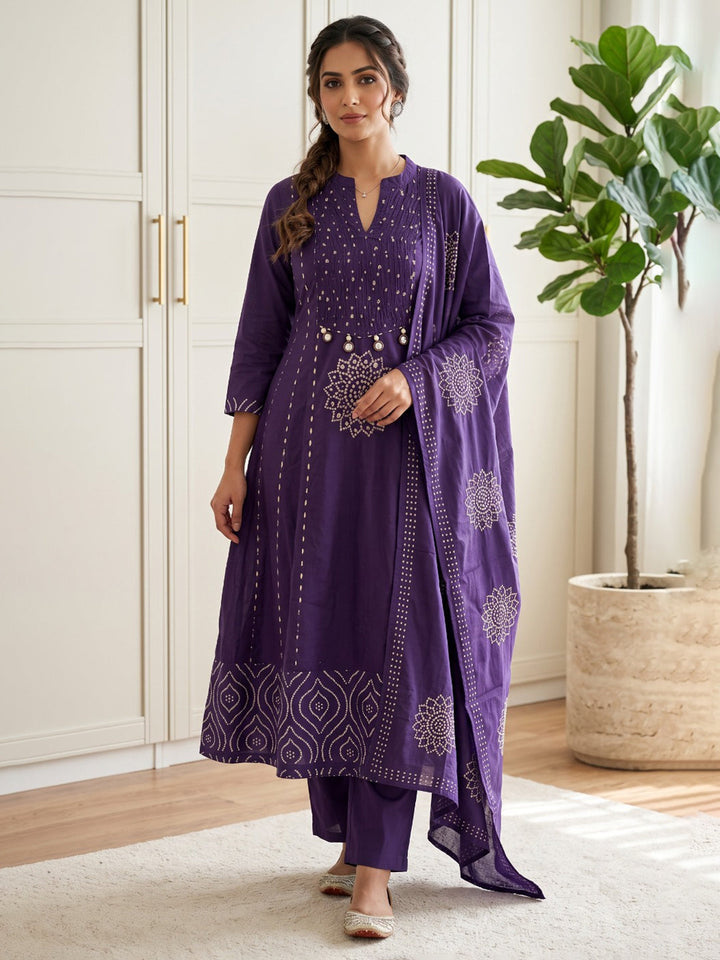 Purple Printed Cotton Blend Kurta With Pant &amp; Dupatta