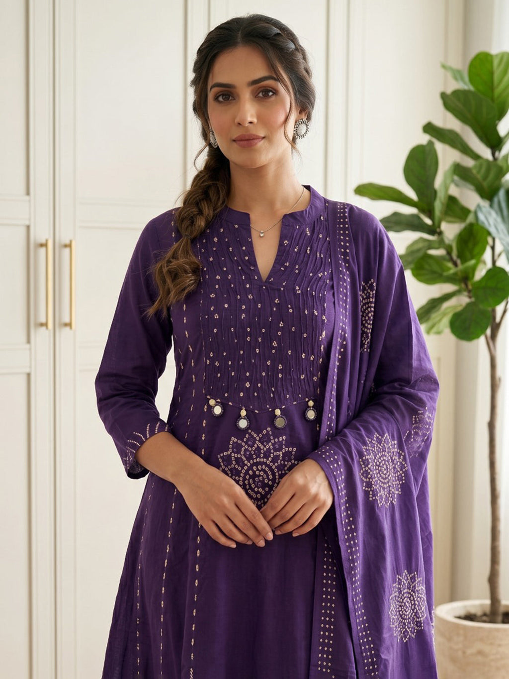 Purple Printed Cotton Blend Kurta With Pant & Dupatta