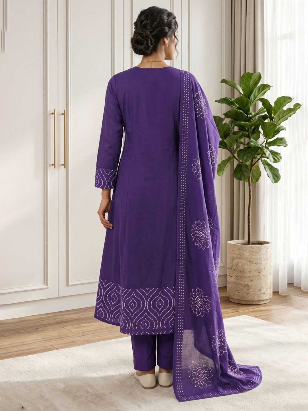 Purple Printed Cotton Blend Kurta With Pant & Dupatta