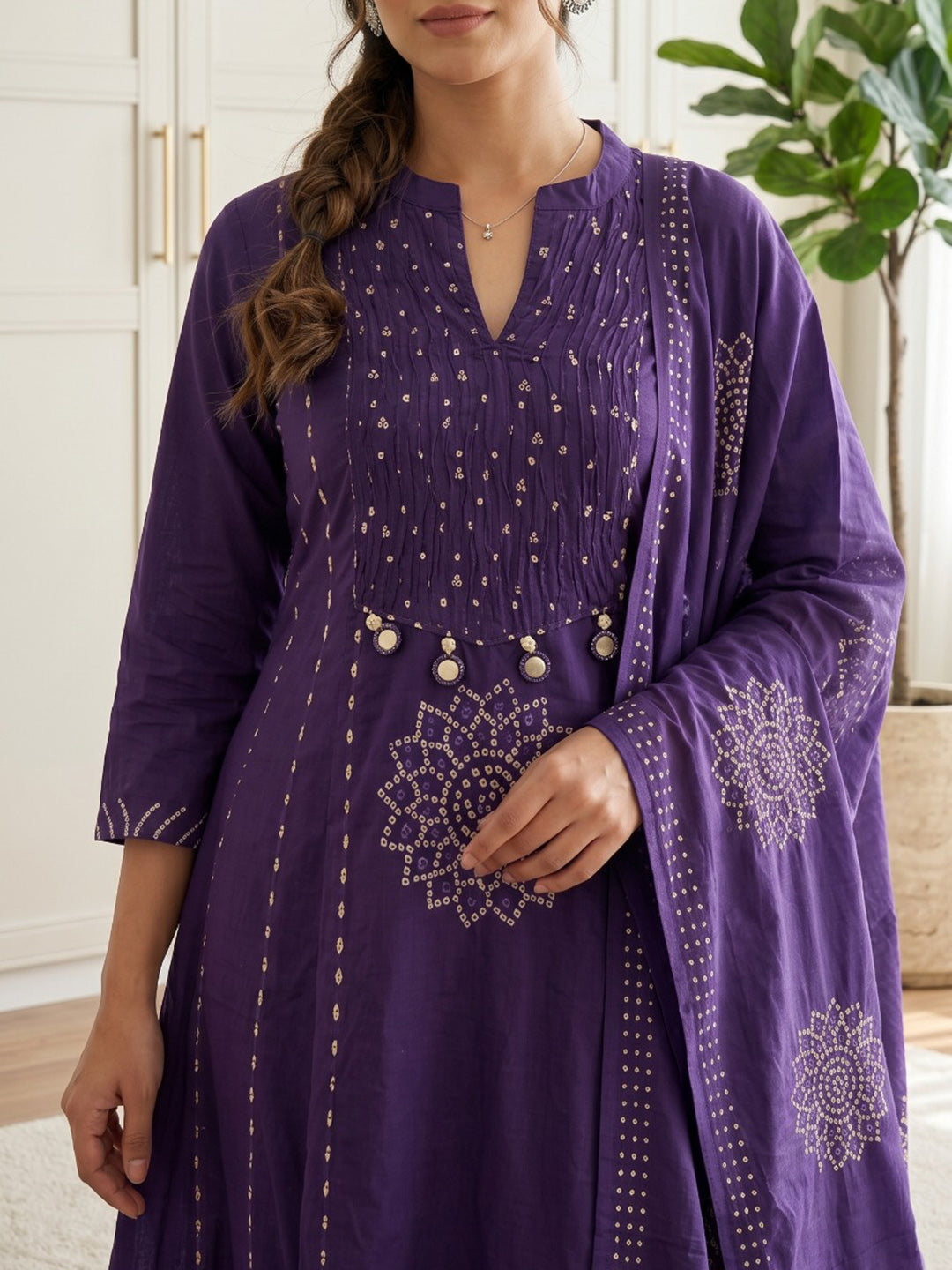 Purple Printed Cotton Blend Kurta With Pant & Dupatta