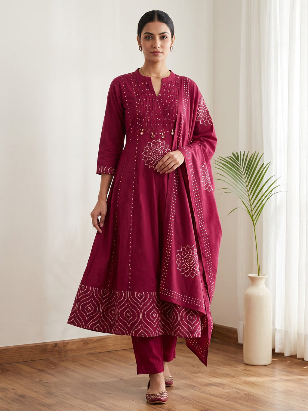 Red Printed Cotton Blend Kurta With Pant & Dupatta