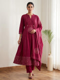 Red Printed Cotton Blend Kurta With Pant & Dupatta